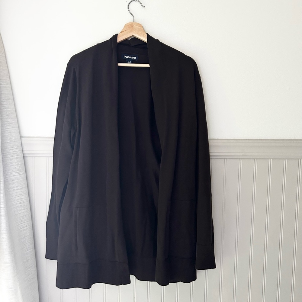 Lands' End Women's Medium 100% Cotton Dark Brown Open Front Cardigan Pockets